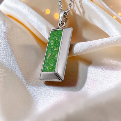 Fruit green Bastion men's sterling silver 3D bar memorial pendant, handcrafted in Lancashire UK by Keepsake Memorial Jewellery