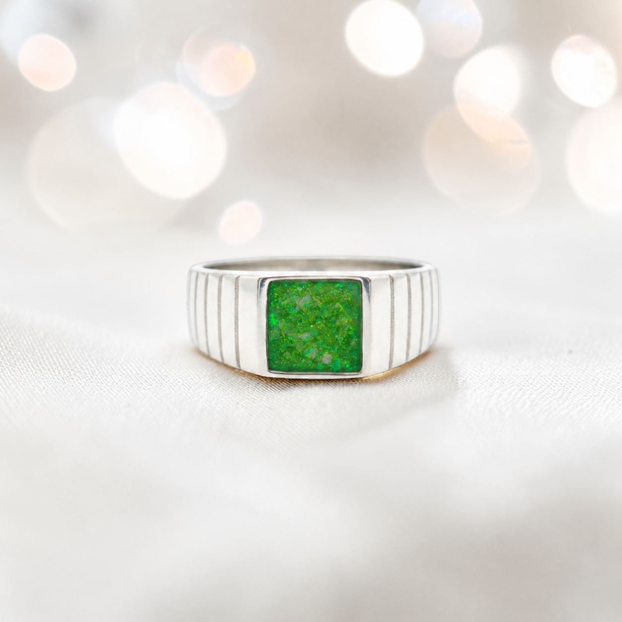 Fruit Green Echo men's sterling silver memorial signet ring, handcrafted in Lancashire UK by Keepsake Memorial Jewellery