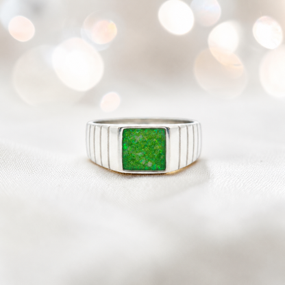 Fruit Green Echo men's sterling silver memorial signet ring, handcrafted in Lancashire UK by Keepsake Memorial Jewellery