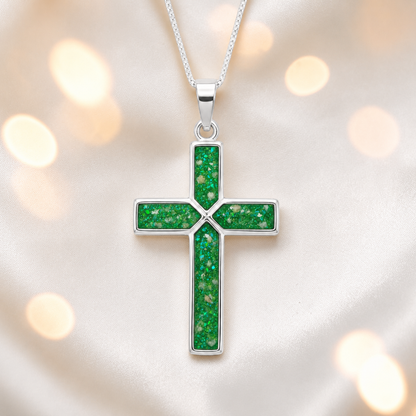 Fruit green Endura men's sterling silver cross memorial pendant, 29mm, handcrafted in Lancashire UK by Keepsake Memorial Jewellery