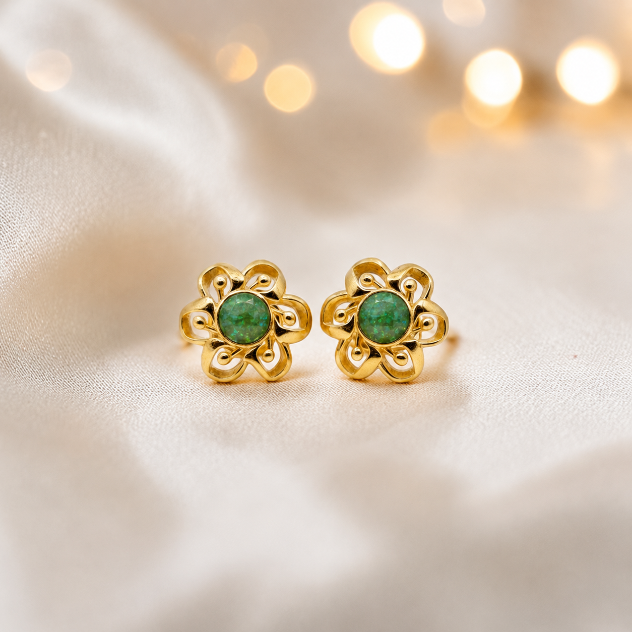 Fruit Green Freya 9ct gold flower earrings, handcrafted in Lancashire, UK – by Keepsake Memorial Jewellery