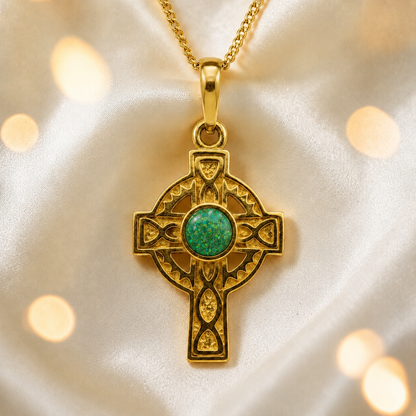 Fruit green Gael Cross 9ct gold pendant, handcrafted in Lancashire UK – by Keepsake Memorial Jewellery
