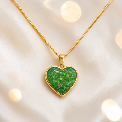 Fruit Green Golden heart 9ct gold pendant, handcrafted in Lancashire UK – by Keepsake Memorial Jewellery