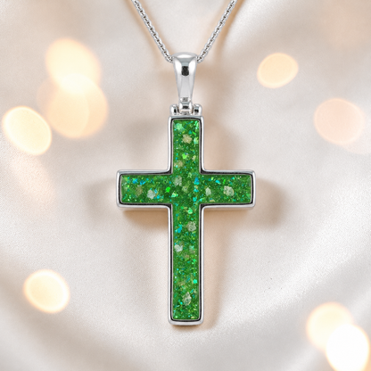 Fruit green Halo sterling silver cross memorial pendant, 30mm, handcrafted in Lancashire UK by Keepsake Memorial Jewellery