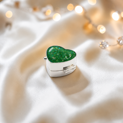 Sterling silver ashes heart trinket box in fruit green, handcrafted in Lancashire, UK - by Keepsake Memorial Jewellery