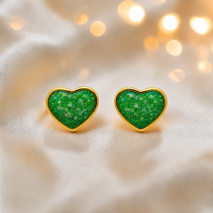 Fruit Green Helene 9ct gold heart earrings, handcrafted in Lancashire, UK – by Keepsake Memorial Jewellery