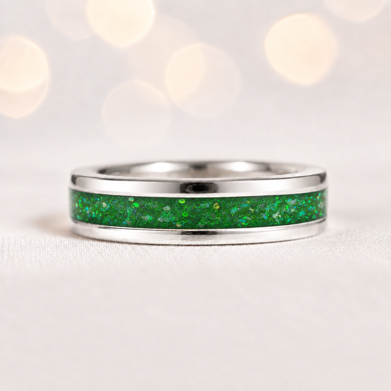 Fruit Green Horizon unisex sterling silver channel memorial band ring, 5.5mm wide, handcrafted in Lancashire UK by Keepsake Memorial Jewellery
