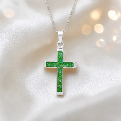 Fruit Green Legacy men's sterling silver 3D cross memorial pendant, 29mm, handcrafted in Lancashire UK by Keepsake Memorial Jewellery
