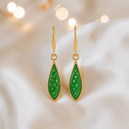 Fruit Green Luz 9ct gold tear drop earrings, handcrafted in Lancashire, UK – by Keepsake Memorial Jewellery