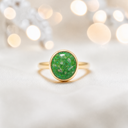 Fruit Green 9ct gold round memorial ring,  Matilda, handcrafted in Lancashire, UK – by Keepsake Memorial Jewellery