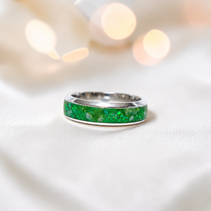 Fruit green Obsidian men's sterling silver wide channel memorial band ring, 6mm wide, handcrafted in Lancashire UK by Keepsake Memorial Jewellery