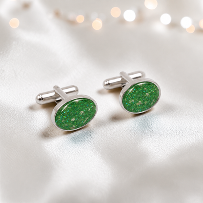 Fruit green Pulse sterling silver oval memorial ashes cufflinks, handcrafted in Lancashire UK