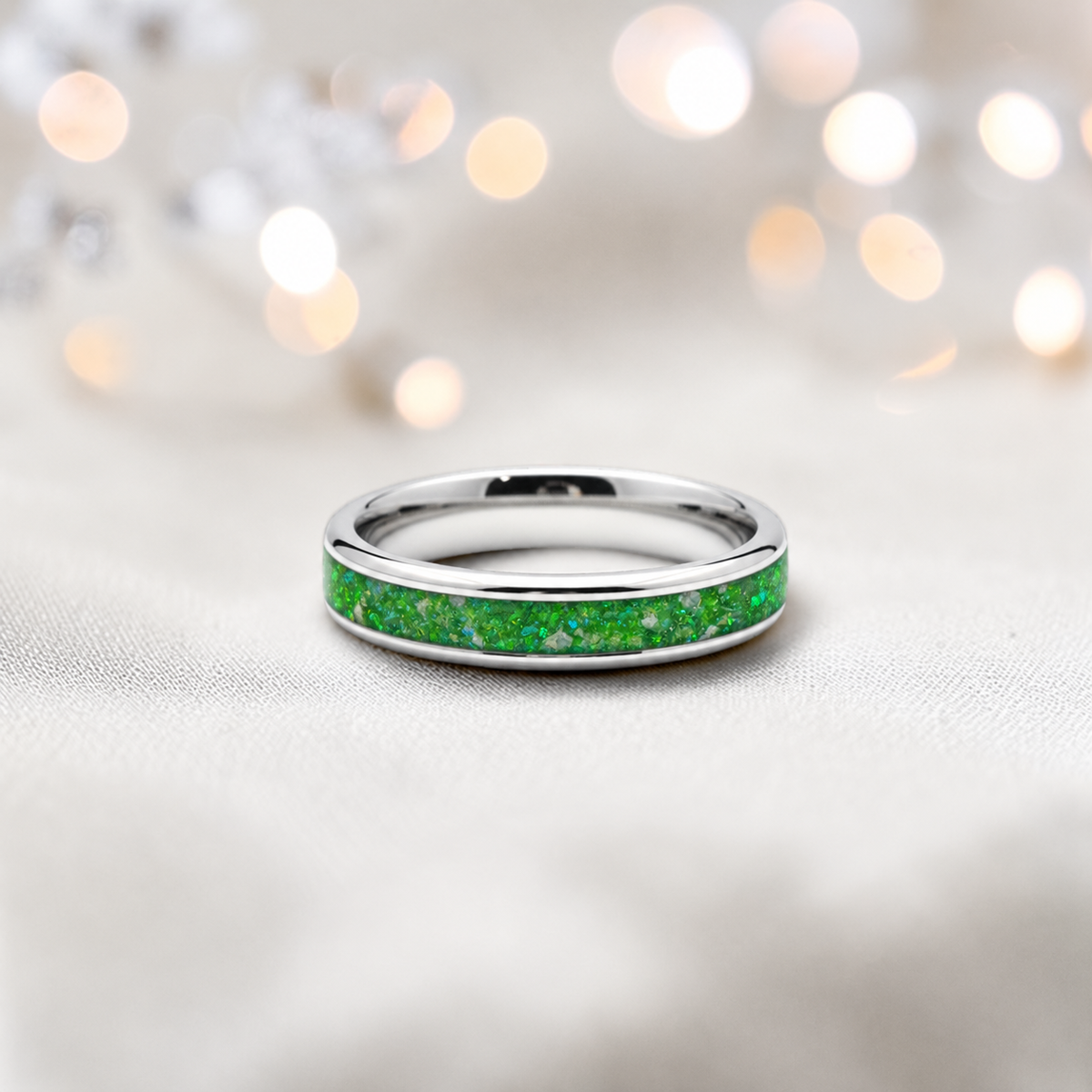Fruit Green Ridge unisex stainless steel channel memorial ring, handcrafted in Lancashire UK by Keepsake Memorial Jewellery