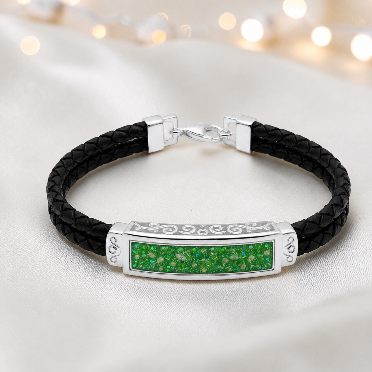 Fruit green Sentinel men's sterling silver and leather memorial bracelet , handcrafted in Lancashire UK by Keepsake Memorial Jewellery