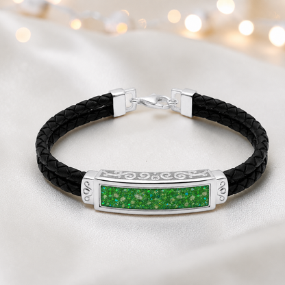 Fruit green Sentinel men's sterling silver and leather memorial bracelet , handcrafted in Lancashire UK by Keepsake Memorial Jewellery