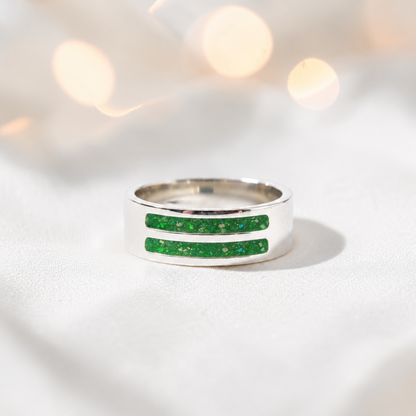 Fruit Green Strata men's sterling silver double channel memorial ring, wide comfort-fit band, handcrafted in Lancashire UK by Keepsake Memorial Jewellery