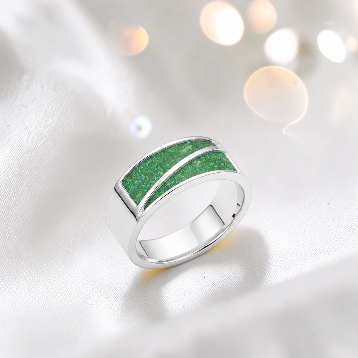 Fruit Green Two Paths men's sterling silver split channel memorial band ring, handcrafted in Lancashire UK by Keepsake Memorial Jewellery