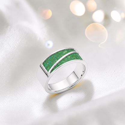 Fruit Green Two Paths men's sterling silver split channel memorial band ring, handcrafted in Lancashire UK by Keepsake Memorial Jewellery