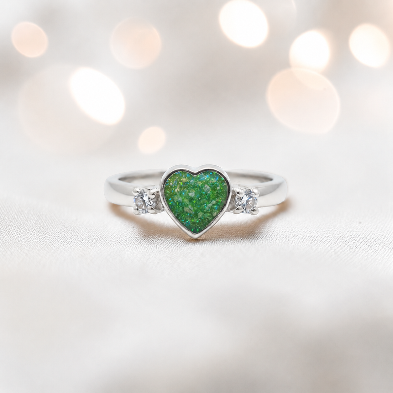 Valentina Ring — silver heart ashes memorial ring, in fruit green, handcrafted in the UK