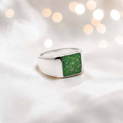 Fruit Green Valor men's sterling silver memorial signet ring, handcrafted in Lancashire UK by Keepsake Memorial Jewellery