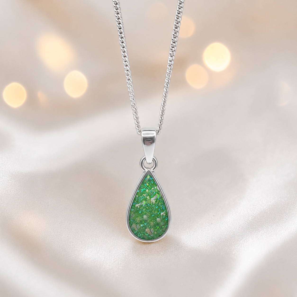 Silver Vega teardrop memorial pendant in Fruit Green, handcrafted in Lancashire UK