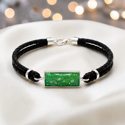 Fruit green Zenith men's sterling silver and leather memorial bracelet , handcrafted in Lancashire UK by Keepsake Memorial Jewellery