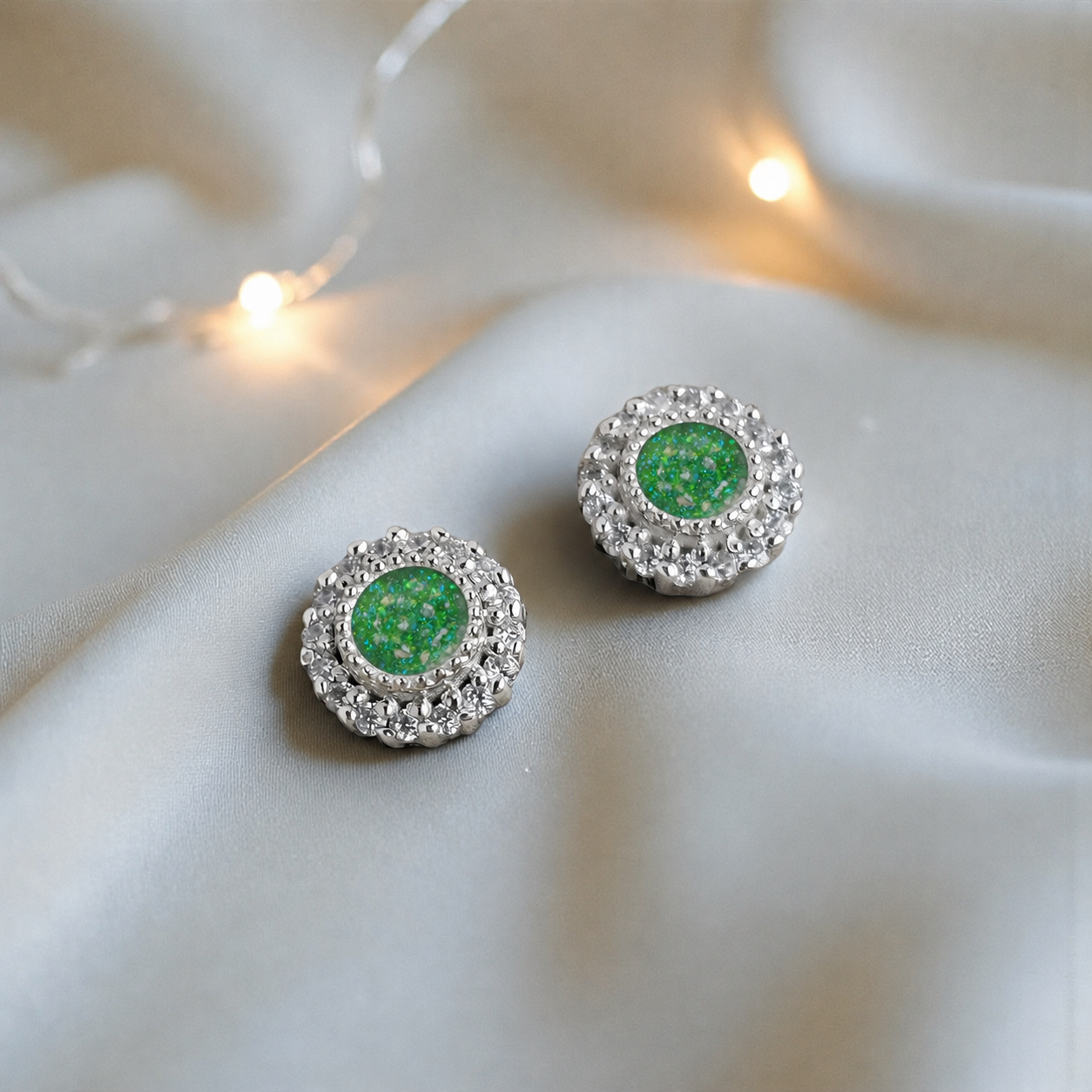 Halo's memorial stud earrings in Fruit Green opal — sterling silver, handcrafted in Lancashire, UK