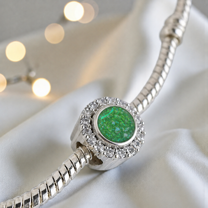 Fruit green sterling silver halo ashes memorial charm, handcrafted in Lancashire by keepsake memorial