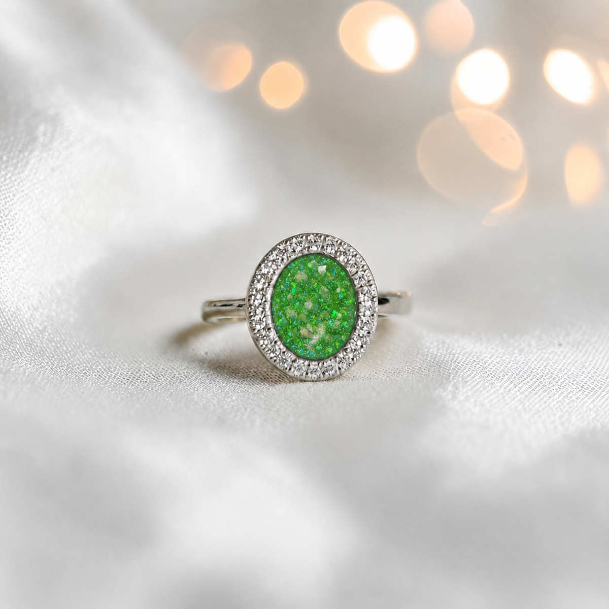 Keepsake Memorial Silver Halo Ashes Ring in Fruit Green - Handcrafted in the UK