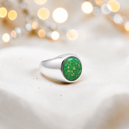 Fruit green Haven men's sterling silver signet ring, handcrafted in Lancashire UK by Keepsake Memorial Jewellery