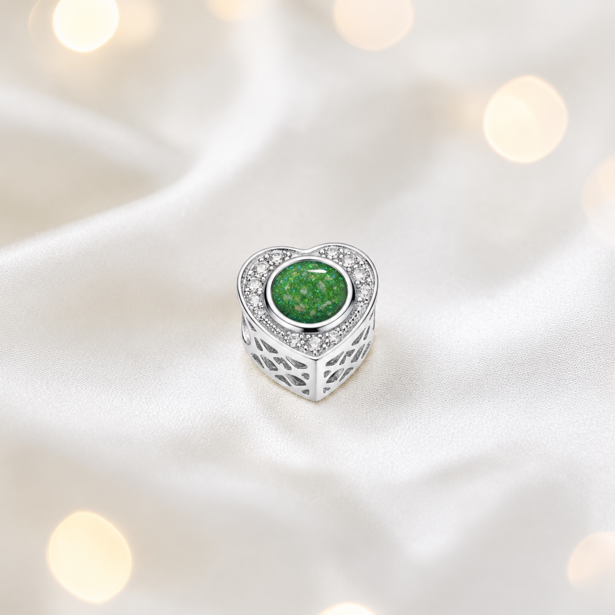 Fruit green Sterling silver heart of memories ashes memorial charm, handcrafted in Lancashire by keepsake memorial