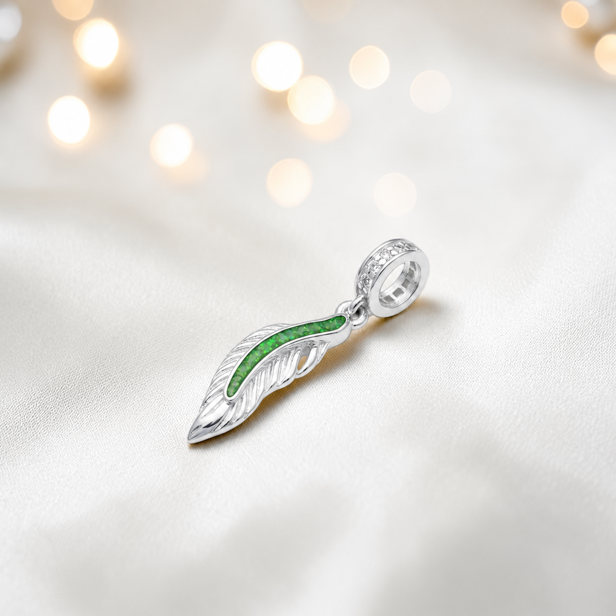 Fruit green sterling silver heavens feather  ashes memorial dangle  charm, handcrafted in Lancashire by keepsake memorial