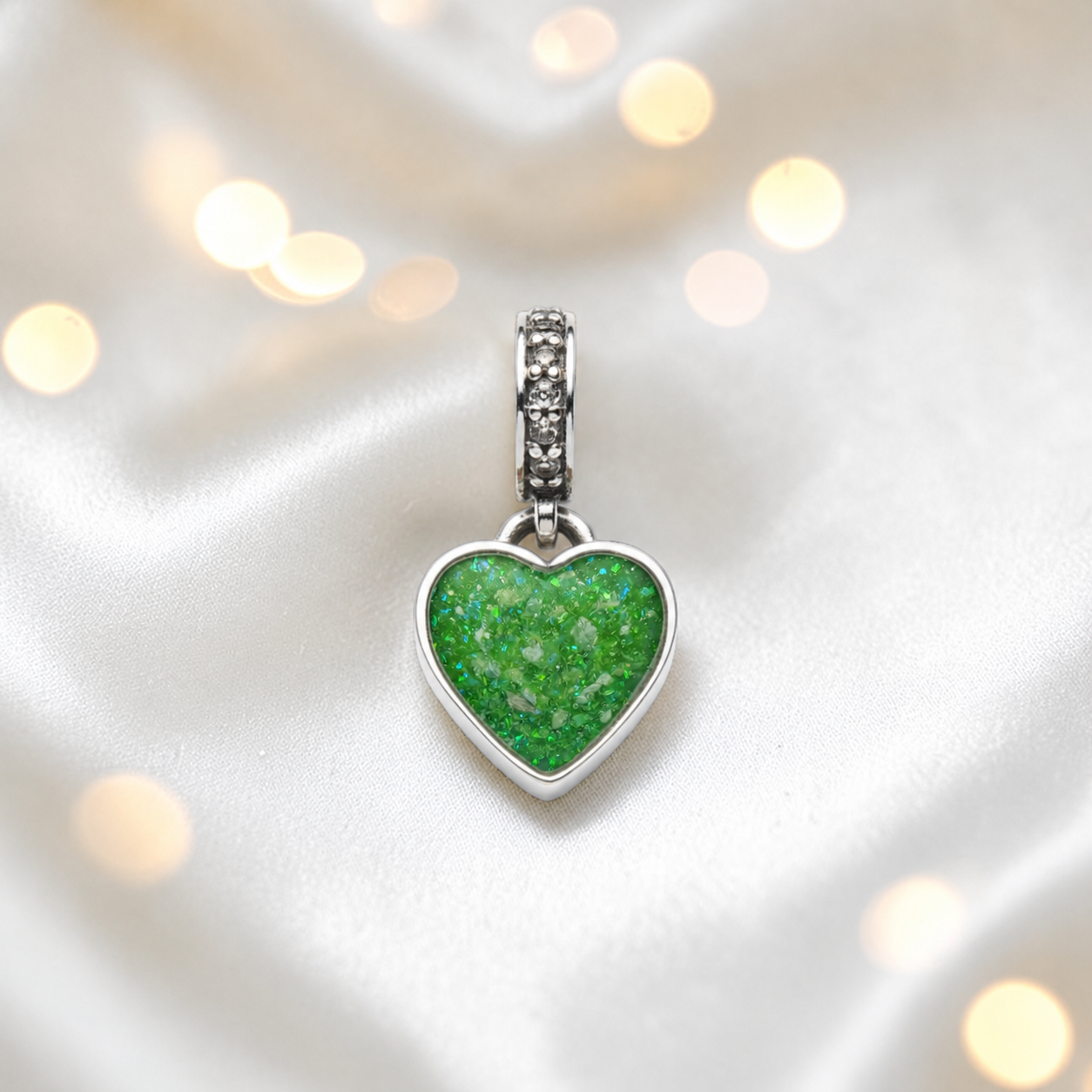 fruit green sterling silver heavens heart ashes memorial dangle  charm, handcrafted in Lancashire by keepsake memorial
