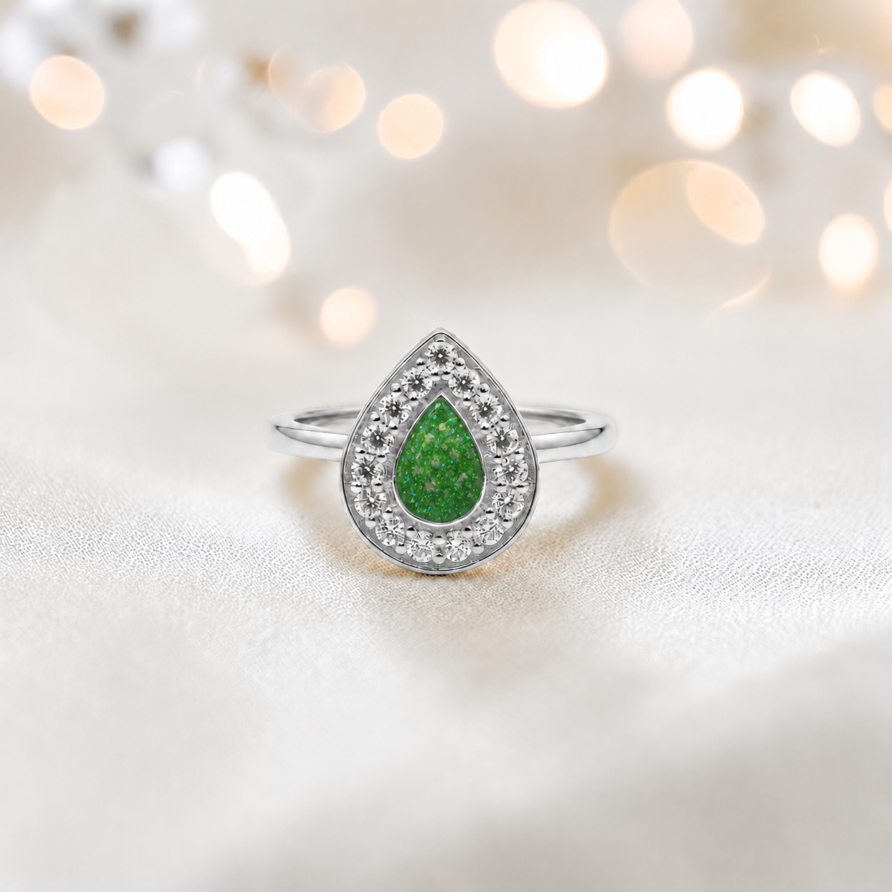 Keepsake Memorial Silver Helena Teardrop Ashes Ring in Fruit Green — handcrafted in Lancashire, UK