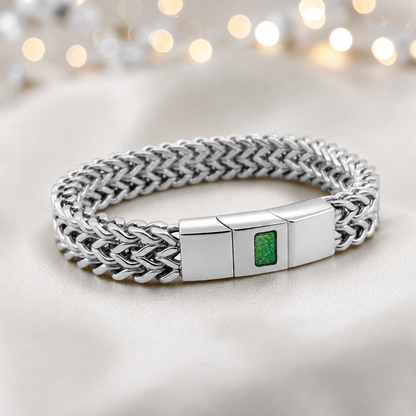Fruit green Heritage men's stainless steel  memorial bracelet , handcrafted in Lancashire UK by Keepsake Memorial Jewellery