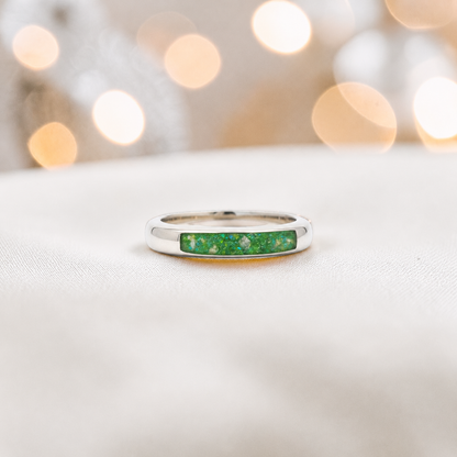 Keepsake Memorial Iris wishbone ashes ring in fruit green, handcrafted in Lancashire 
