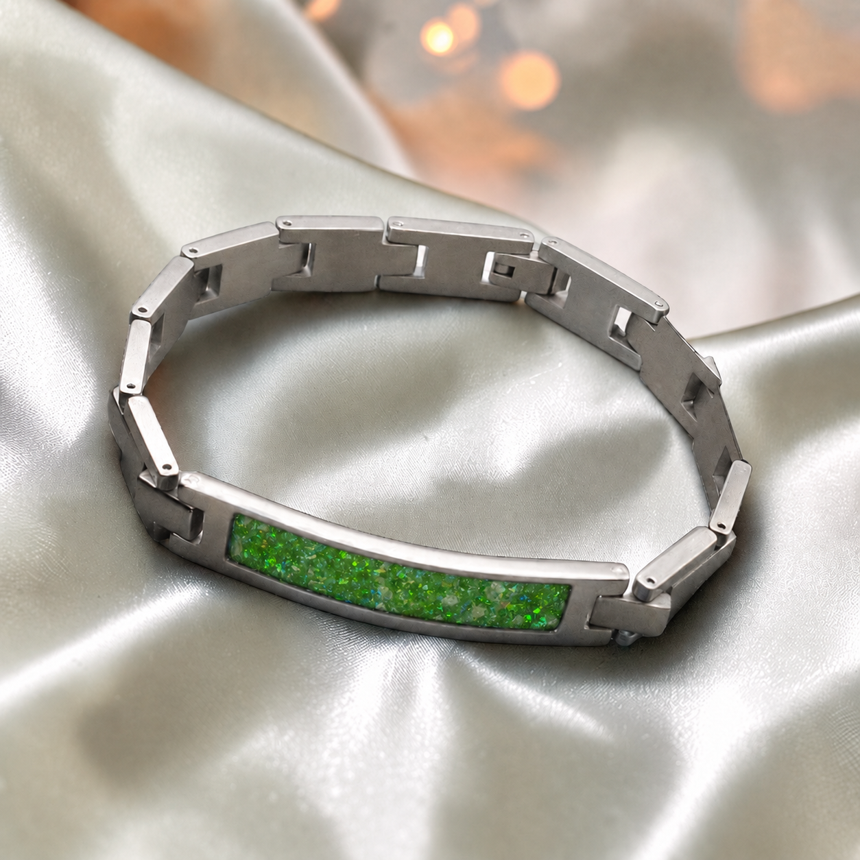 Fruit green stainless steel link ID memorial ashes bracelet – Keepsake Memorial Jewellery