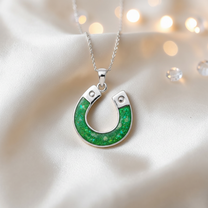 Midnight horseshoe ashes pendant in fruit green, handcrafted in Lancashire UK - by Keepsake Memorial Jewellery