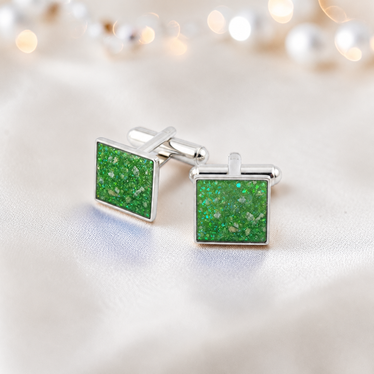 Fruit green Nexus sterling silver square memorial ashes cufflinks, handcrafted in Lancashire UK