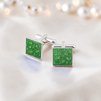 Fruit green Nexus sterling silver square memorial ashes cufflinks, handcrafted in Lancashire UK