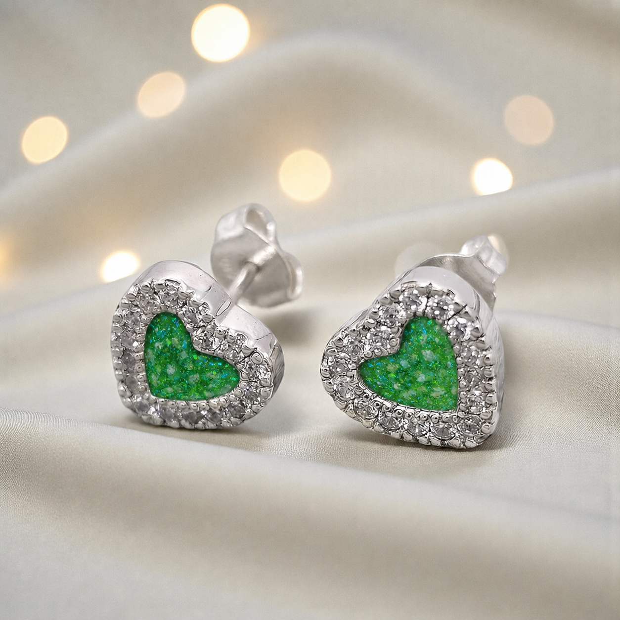 Keepsake Memorial Sterling Silver Heart Ashes Earrings Opal Dawn in Fruit Green - Handcrafted in the UK
