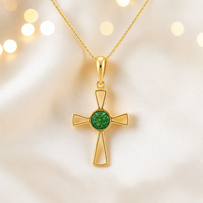 Fruit green 9ct gold memorial ashes open cross pendant, handcrafted in Lancashire UK