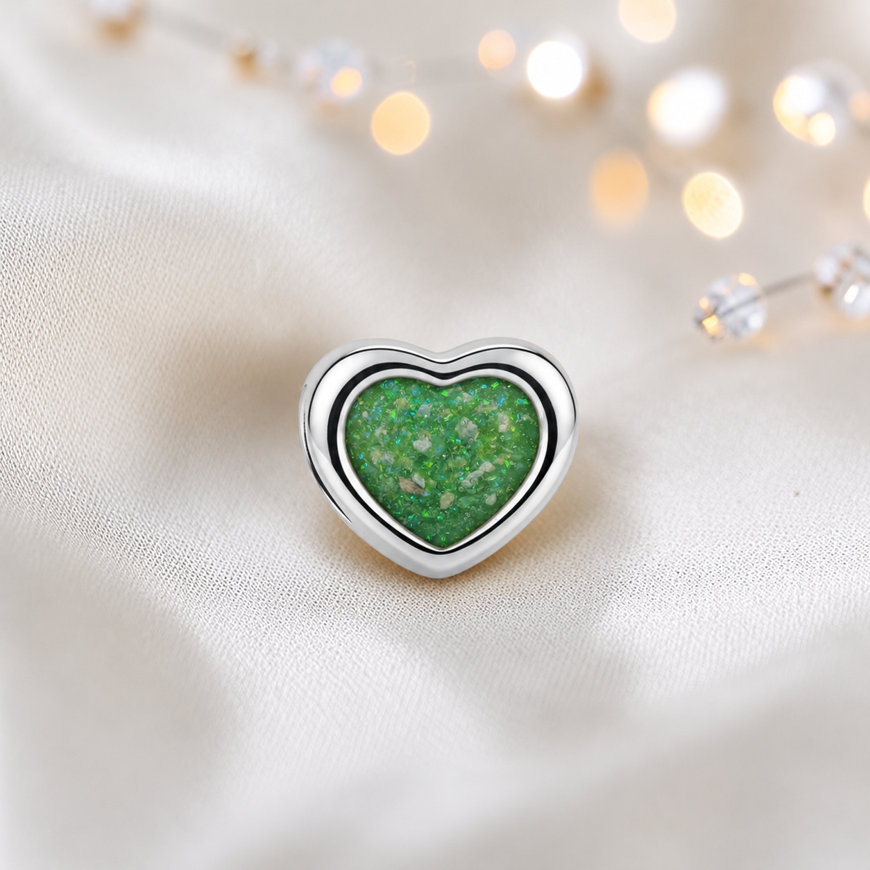 Fruit green sterling silver peaceful heart ashes memorial charm, handcrafted in Lancashire by keepsake memorial