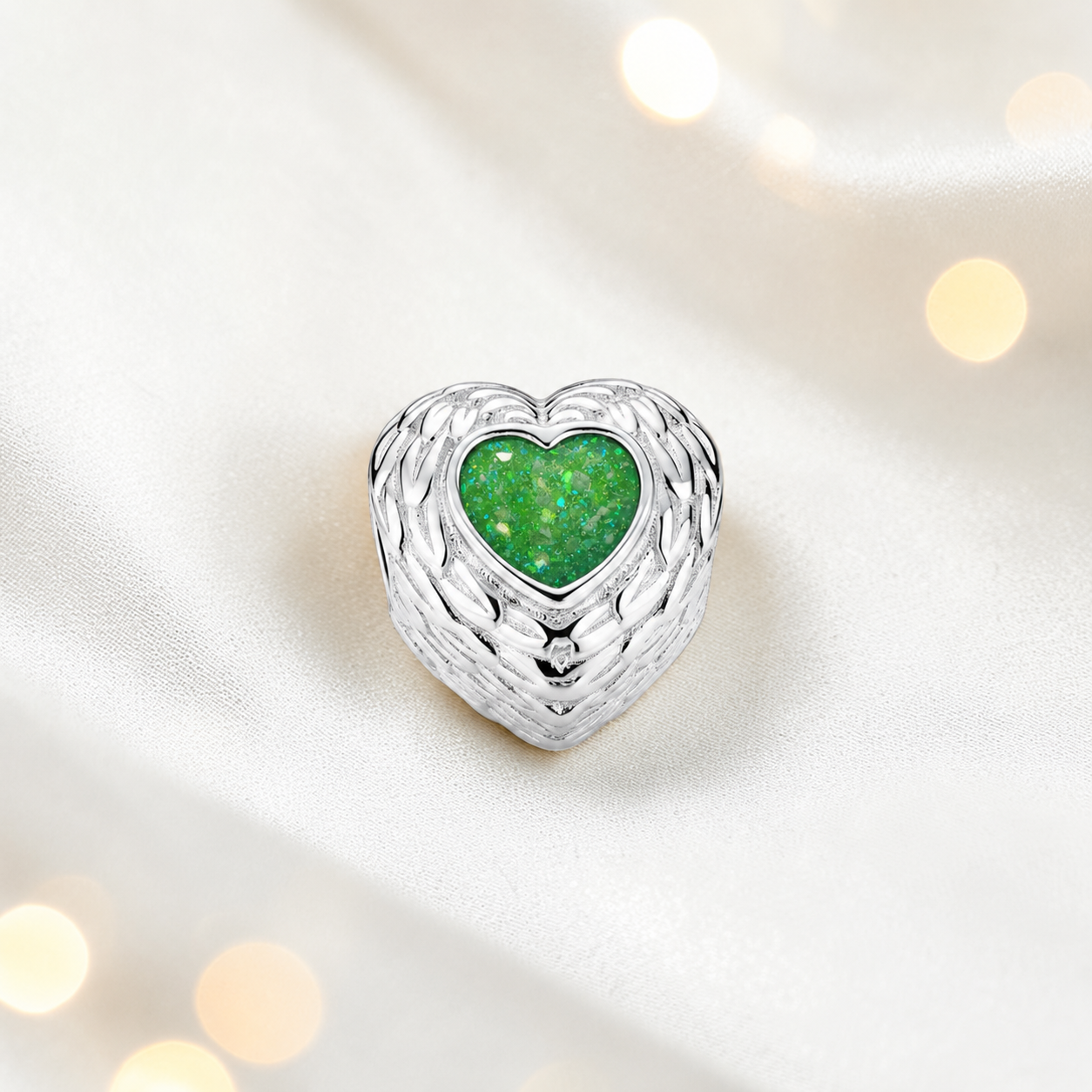 Fruit green sterling silver peaceful whisper heart ashes memorial charm, handcrafted in Lancashire by keepsake memorial
