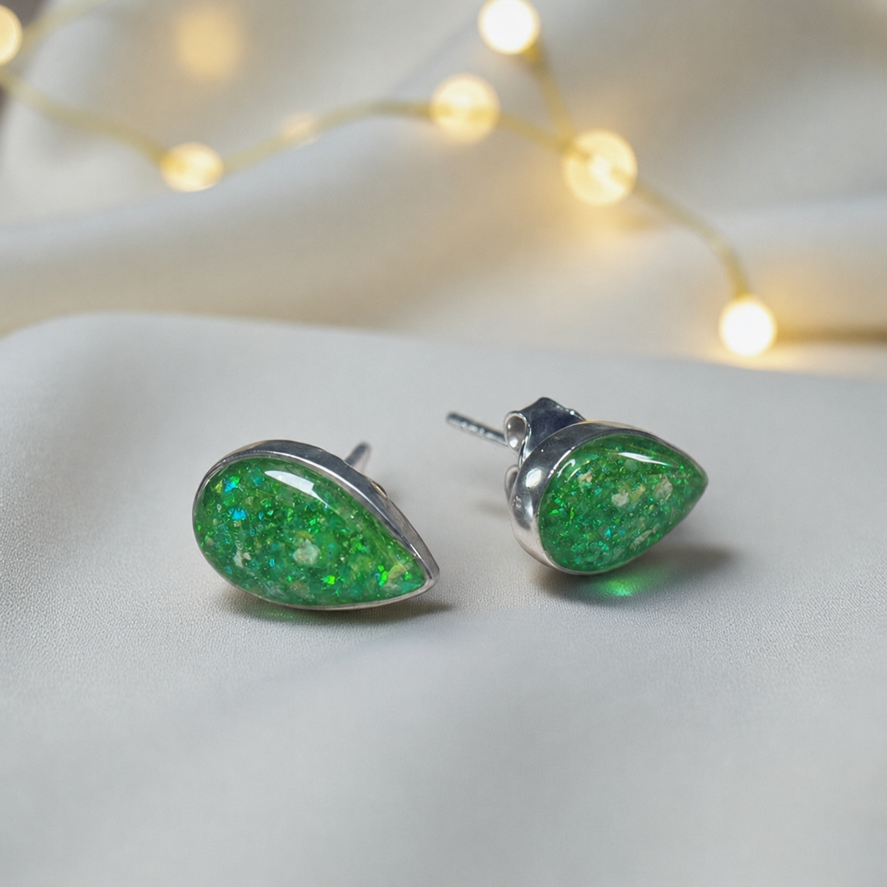 Pure Radiance memorial earrings in Fruit Green opal — sterling silver, handcrafted in Lancashire, UK