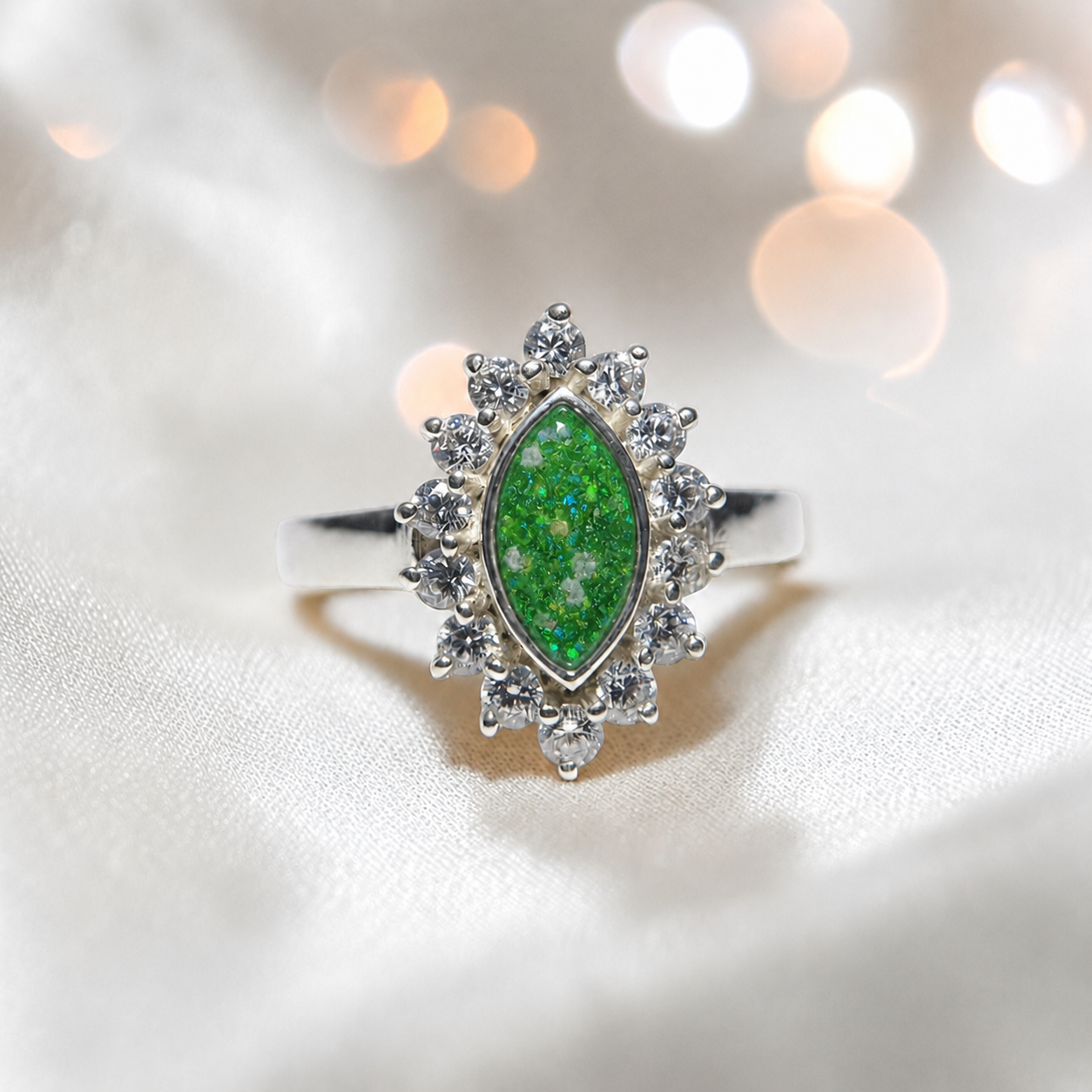 Keepsake Memorial Silver Princess Ashes Ring in Fruit Green - Handcrafted in the UK