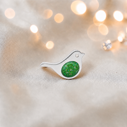 Keepsake memorial silver Robin  ashes charm, in fruit green, handcrafted in Lancashire, UK