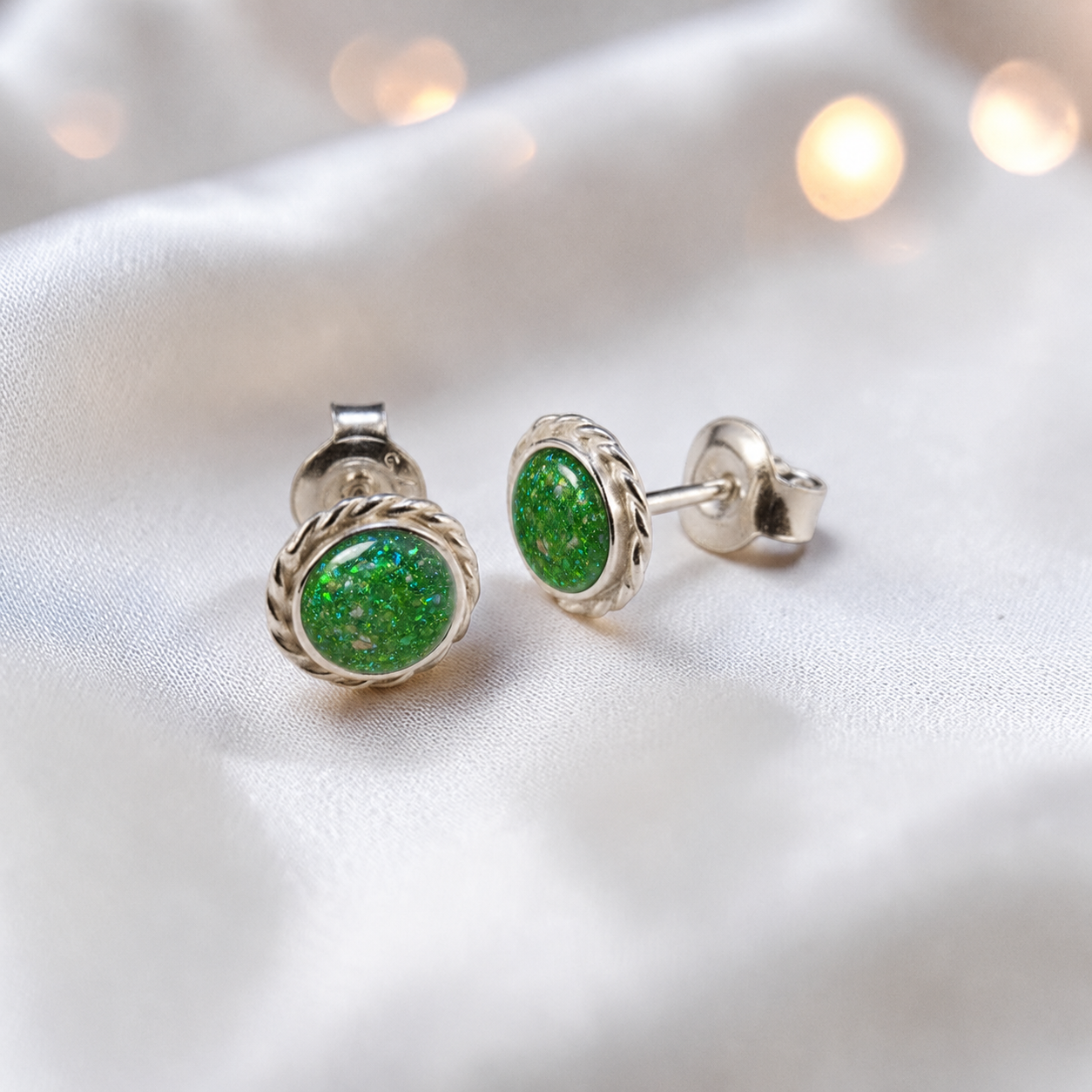 Eterna memorial stud earrings in Fruit Green opal — sterling silver rope edge, handcrafted in Lancashire, UK