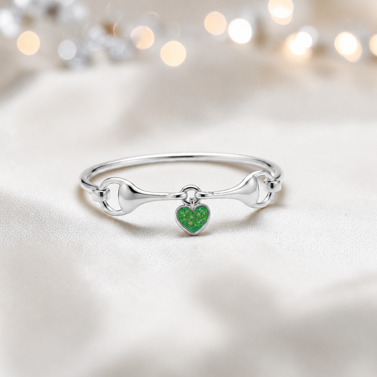 Silver Rocket snaffle bit ashes bangle in fruit green,  handcrafted in Lancashire UK - by Keepsake Memorial Jewellery