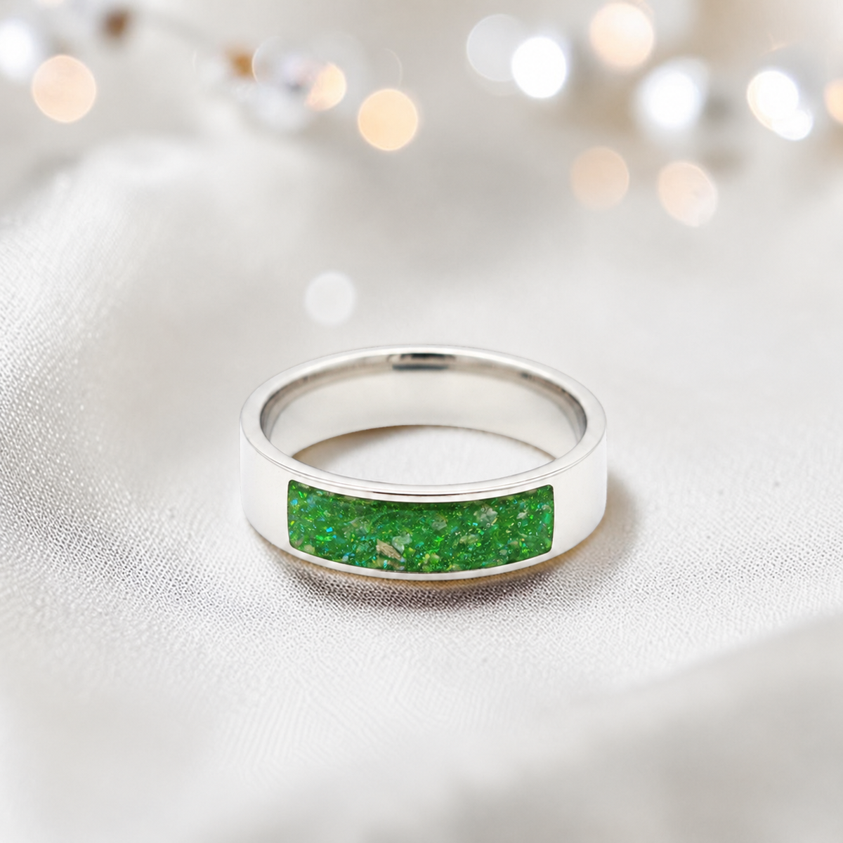 Fruit green Solace men's sterling silver ring, handcrafted in Lancashire UK by Keepsake Memorial Jewellery